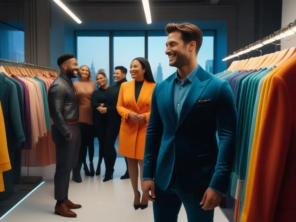 Moda inclusiva: diversidad y alegría en boutique de Nueva York Un grupo diverso de personas sonrientes de diferentes formas y tamaños prueban felices ropa de moda en una boutique de Nueva York