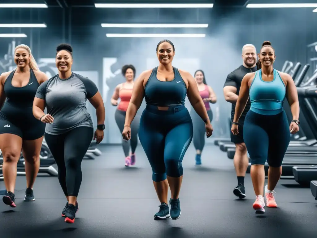 Inclusividad y fuerza: Plussize entrenando juntos en un gimnasio moderno Un grupo diverso de personas de talla grande ejercitándose juntas con confianza, mostrando fuerza e inclusividad en el gimnasio
