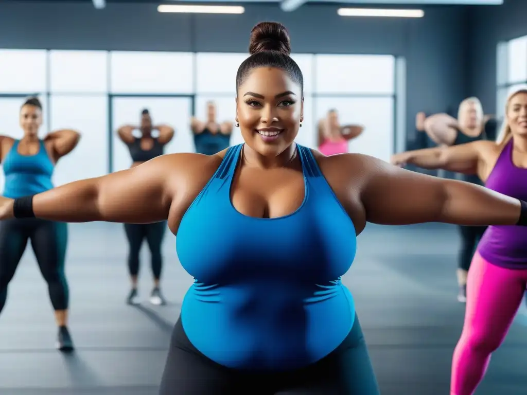 Inspiración y diversidad: Plussize fitness en un gimnasio moderno Un grupo diverso de personas de talla grande haciendo ejercicio juntas con confianza en un gimnasio luminoso y moderno