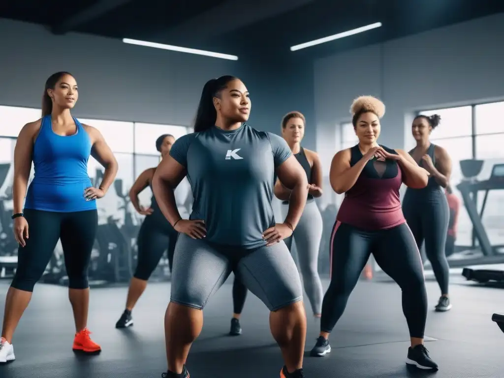 Entrenamiento inclusivo de plussize: empoderamiento en el gym Un grupo diverso de personas de talla grande de diferentes etnias se ejercita con entrenadores en un gimnasio inclusivo y motivador