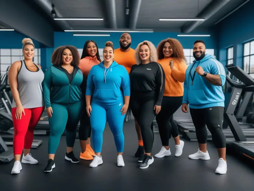 Grupo diverso de plussize empoderados en gym moderno Un grupo diverso de personas de talla grande, con activewear de comodidad y estilo, se apoyan y ríen en un gimnasio moderno