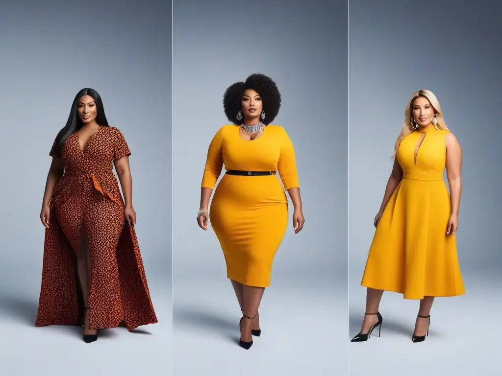 Moda plussize: confianza y estilo en colores vibrantes Un grupo diverso de personas de talla grande, seguras y con estilo, luciendo prendas coloridas que realzan sus tonos de piel