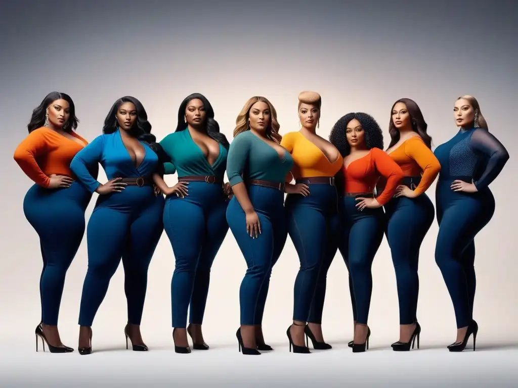Empoderamiento: plussize con colores ideales para su piel Un grupo diverso de personas de talla grande, luciendo los mejores colores para su figura, irradiando confianza y empoderamiento