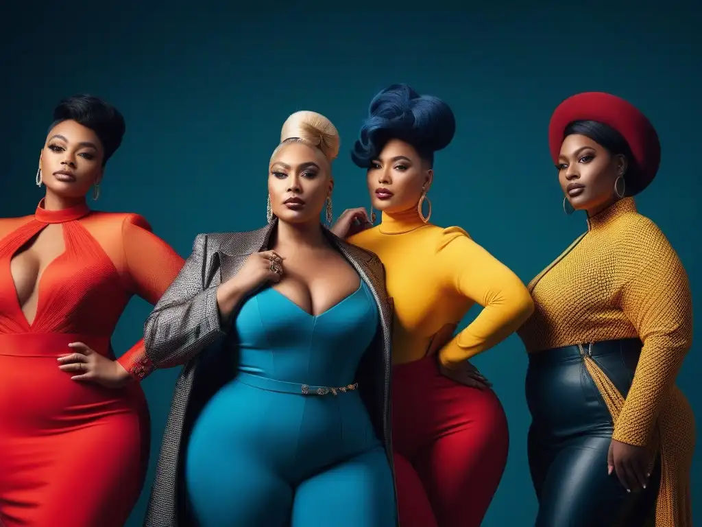 Empoderamiento y diversidad en moda plus size Grupo diverso de personas de talla grande luciendo estilosos atuendos que resaltan sus tonos de piel