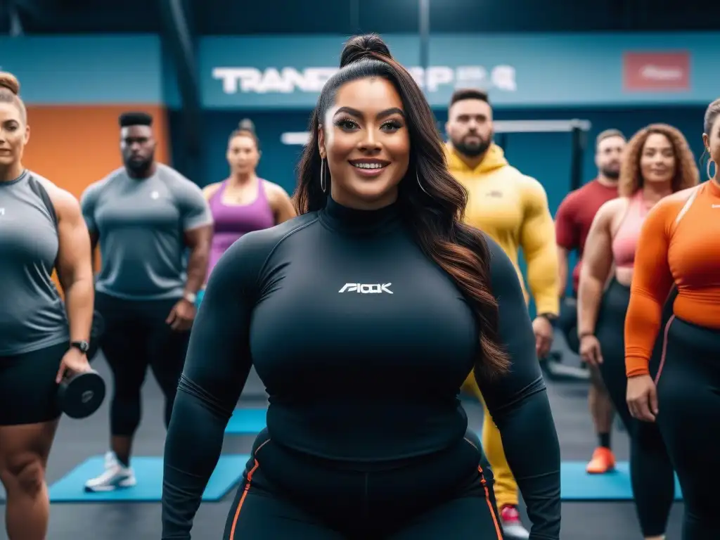 Gimnasio inclusivo: plussize empoderados en acción Un grupo diverso de personas de talla grande se ejercita con confianza en un gimnasio moderno, mostrando inclusividad y determinación