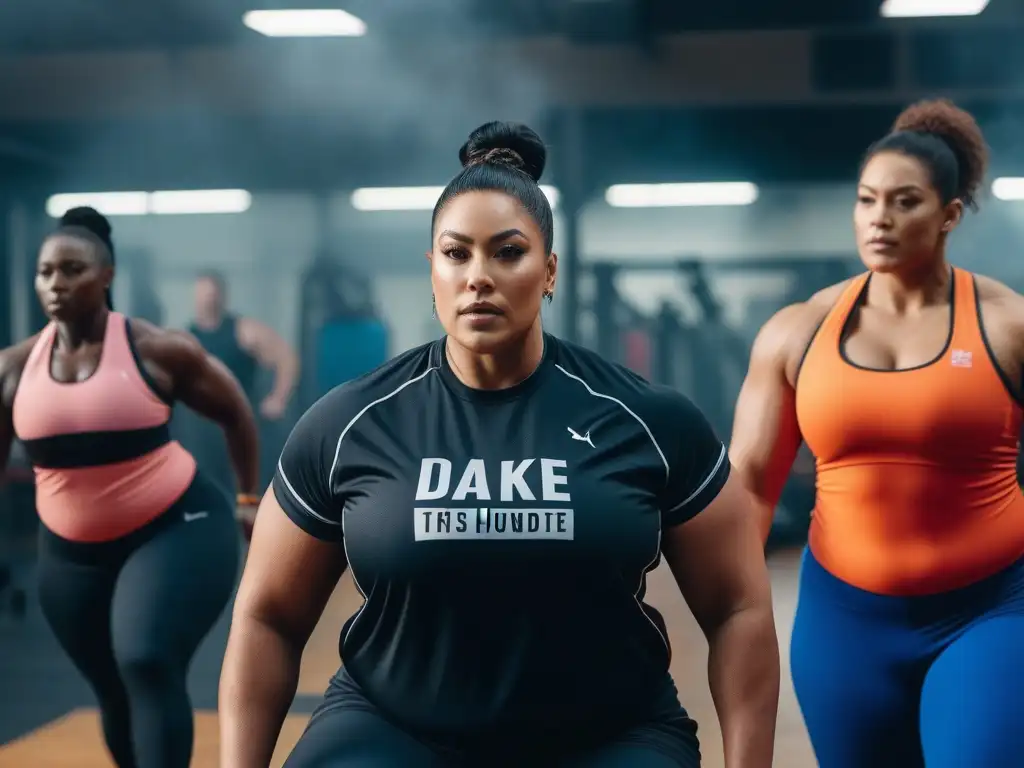 Empoderamiento plussize: diversidad y fuerza en fitness Un grupo diverso de personas de talla grande practica fitness juntos, mostrando fuerza y determinación en un gimnasio luminoso
