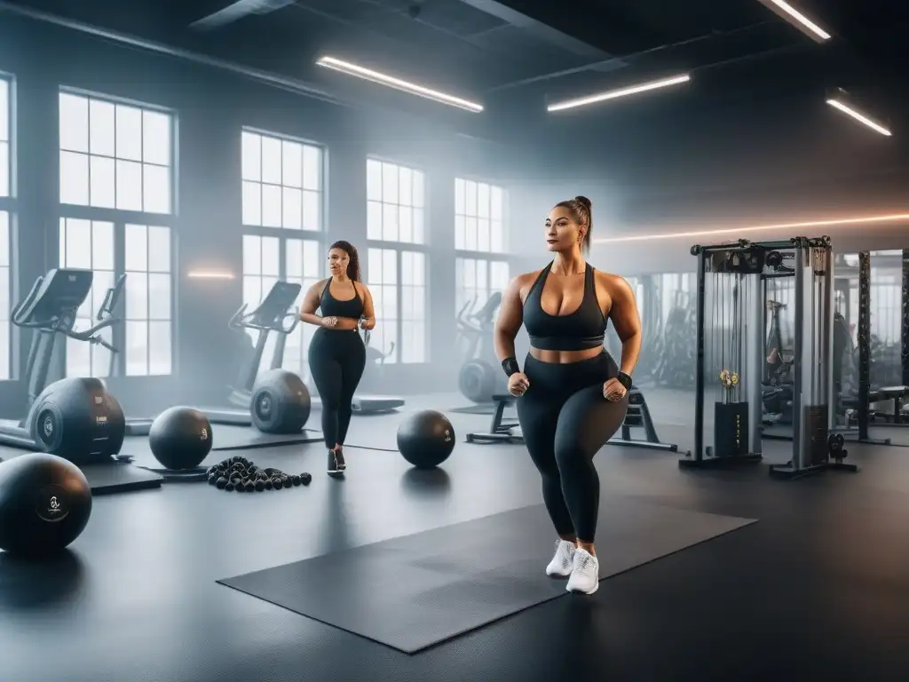 Rutina inclusiva: Plussize en gym moderno Un grupo diverso de personas con tallas plus size se ejercita con confianza en un gimnasio moderno, empoderados y positivos