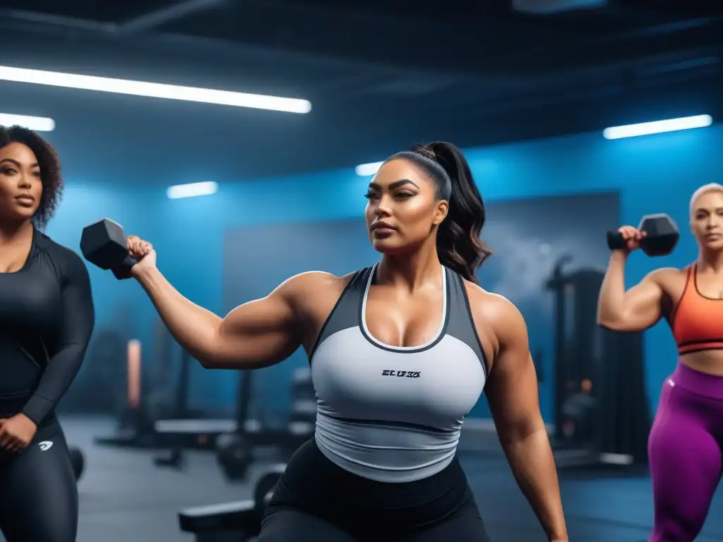 Empoderamiento en el gimnasio: diversidad, fuerza y unión Un grupo diverso de personas de tallas plus size entrenando juntas con determinación y unidad en un gimnasio luminoso y moderno