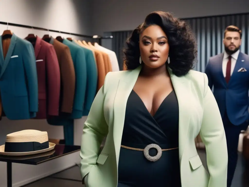 Sesión de moda plussize: trajes a medida en boutique chic Un grupo diverso de personas con tallas grandes prueba trajes ajustados en una boutique chic, mostrando estilo y confianza