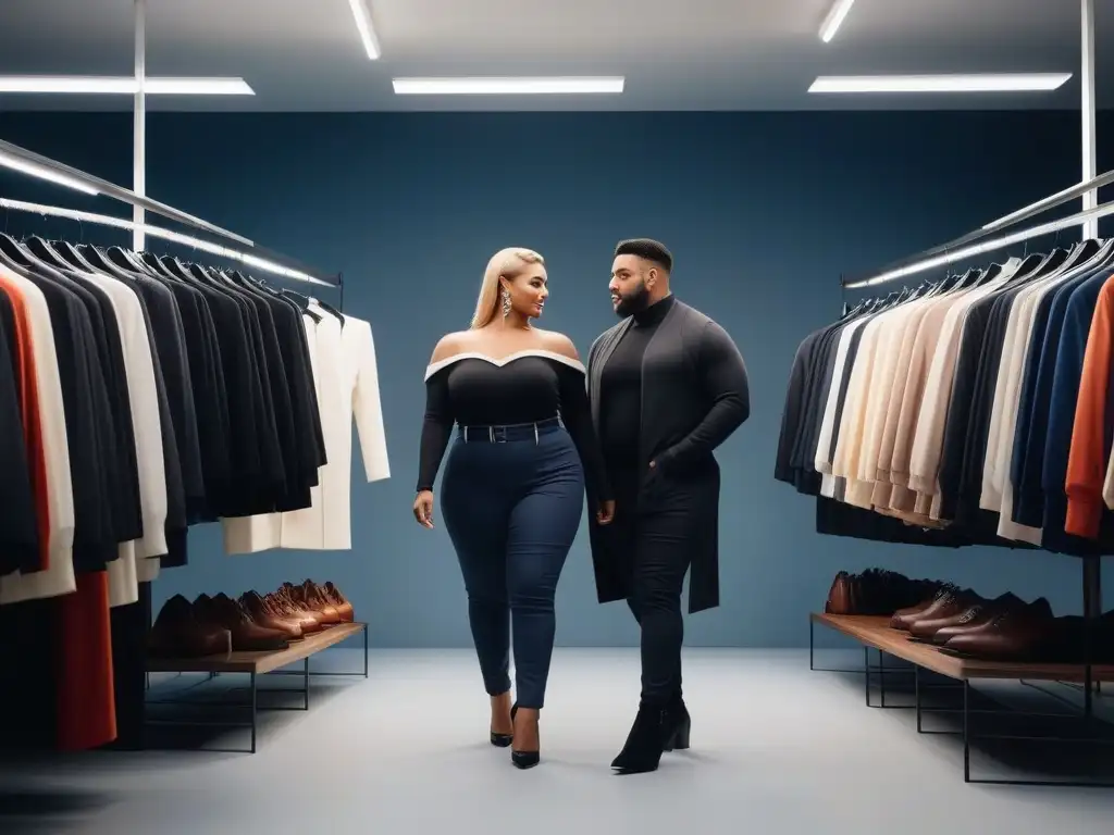 Moda inclusiva: Plussize probando outfits trendy con confianza Un grupo diverso de personas tallas grandes se prueban ropa estilosa en una boutique moderna, evitando errores al comprar moda plus