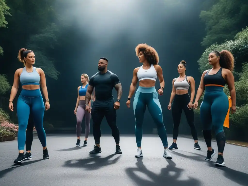 Entrenamiento al aire libre: moda y tecnología fitness en acción Un grupo diverso de personas en tallas y formas variadas, usando wearables fitness para tallas especiales durante un entrenamiento al aire libre de alta energía