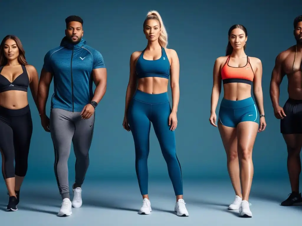 Empoderamiento fitness: diversidad de tallas y estilos en moderno gimnasio Un grupo diverso de personas con wearables fitness para tallas especiales, activos en un moderno gimnasio