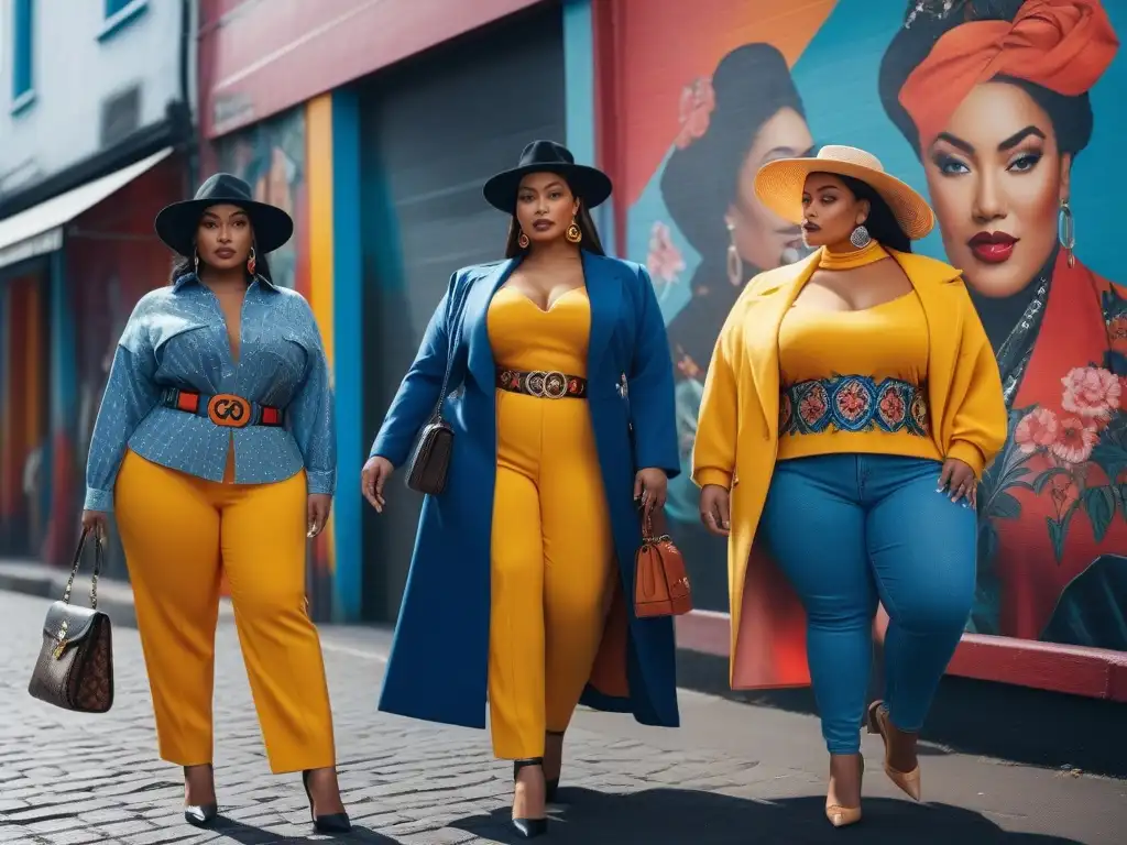 Moda urbana plussize 2023: accesorios trendy en escena inclusiva Un grupo diverso de personas con tallas grandes muestra accesorios de moda en una calle urbana vibrante
