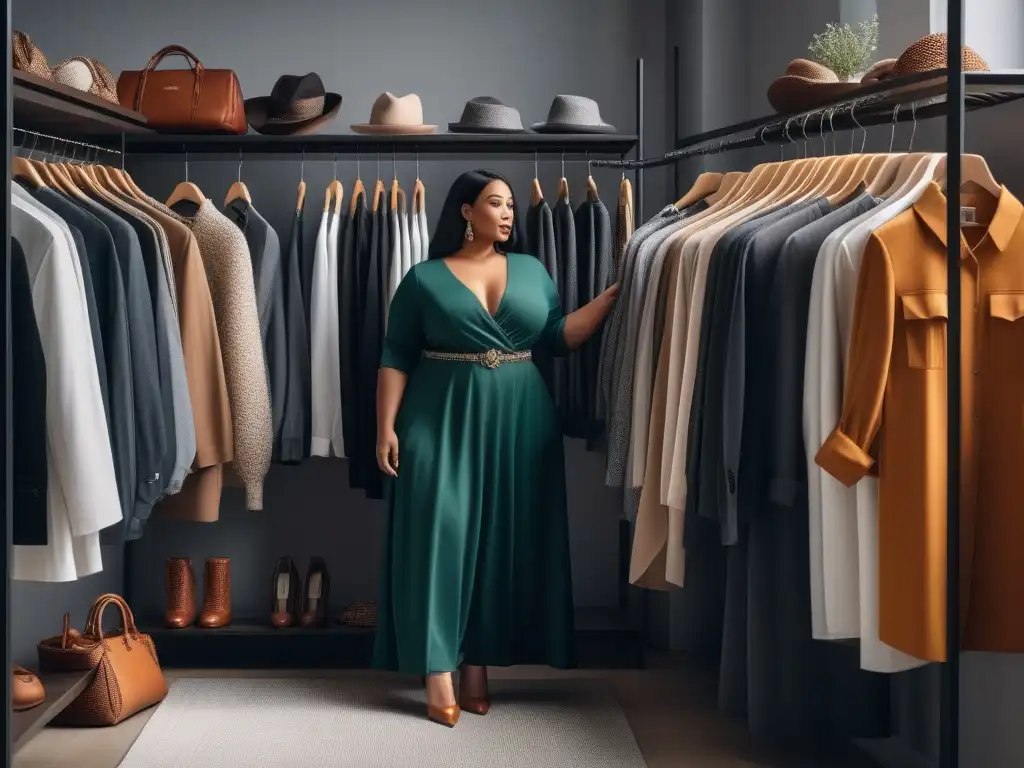Armario sostenible: moda plus size con estilo y conciencia Un grupo diverso de personas tallas grandes elige y organiza prendas de moda sostenible en un armario cápsula con estilo y empoderamiento