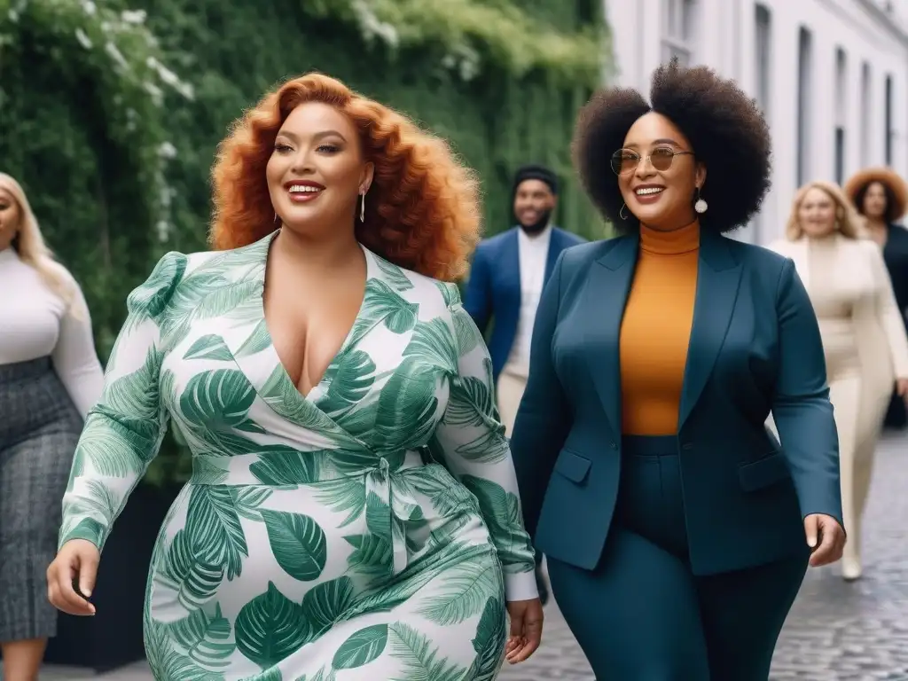 Moda sostenible: diversidad y estilo en la ciudad Grupo diverso de personas de tallas grandes paseando con estilo por la ciudad, luciendo moda sustentable