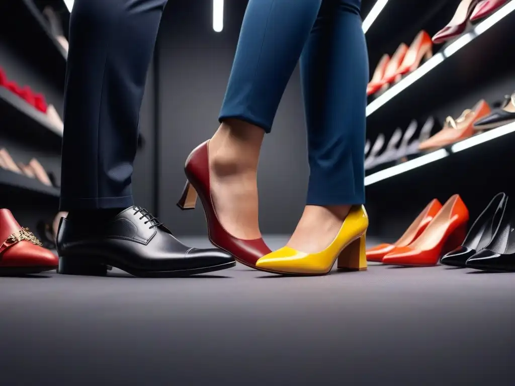 Exclusiva colección de zapatos de diseñador para todos los tamaños de pie Un grupo diverso de personas con diferentes tamaños de pie, luciendo zapatos de diseñador en una tienda moderna