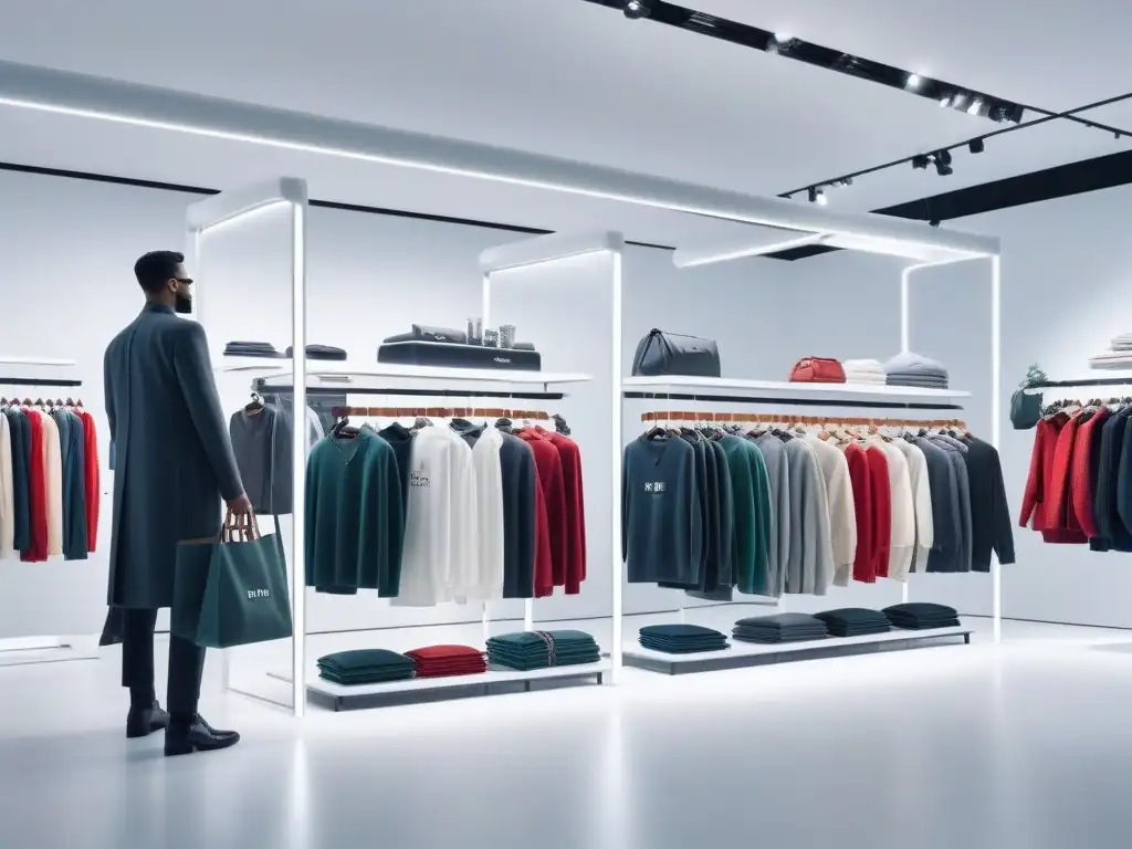 Compra sostenible en tienda futurista: moda eco para todos Un grupo diverso de personas compra ropa eco en una tienda futurista, reduciendo la huella de carbono