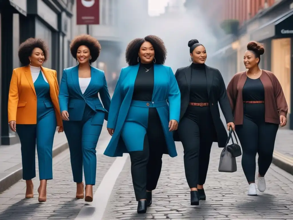 Moda adaptativa: diversidad de estilos en la ciudad Un grupo diverso de personas con diferentes tipos de cuerpo camina confiado por la calle, vistiendo ropa adaptativa para todos cuerpos, con innovadores diseños que combinan moda y funcionalidad, en un entorno urbano inclusivo y empoderador