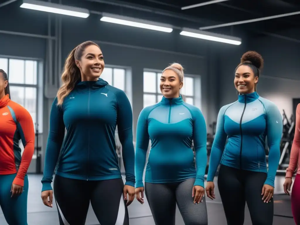Diversidad y alegría en activewear inclusivo Un grupo diverso de personas de diferentes tipos de cuerpo y etnias, sonriendo y vistiendo ropa deportiva inclusiva, de pie juntos en un gimnasio con luz natural entrando por grandes ventanas, mostrando la belleza de la diversidad y la inclusividad en la moda deportiva