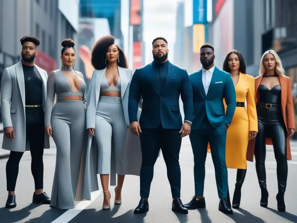 Moda inclusiva y futurista: diversidad de cuerpos y estilos en la ciudad Un grupo diverso de personas con diferentes tipos de cuerpo y etnias, vistiendo moda inclusiva y moderna en una ciudad futurista