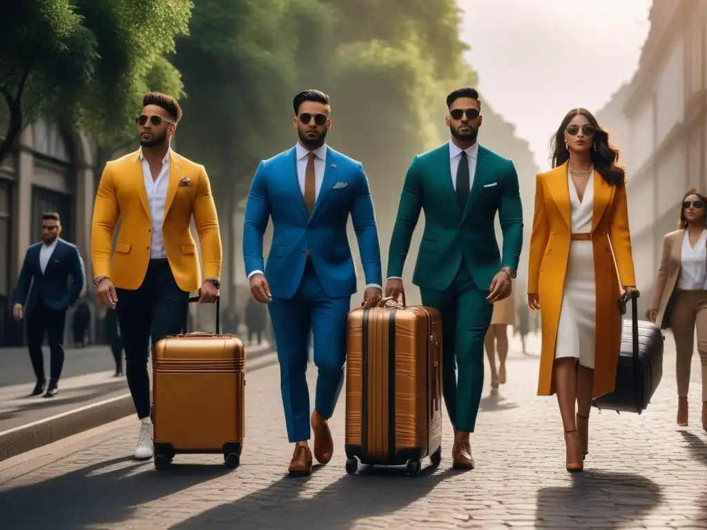 Desfile de moda inclusivo con estilo y empoderamiento urbano Un grupo diverso de personas con distintos tipos de cuerpo camina con confianza por la calle de la ciudad, llevando equipaje elegante y de alta calidad que refleja sus personalidades únicas
