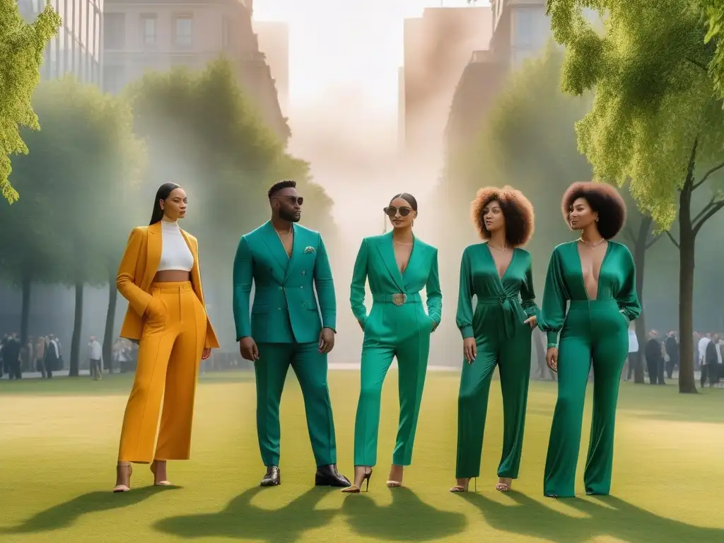 Moda sostenible: diversidad y estilo en el parque urbano Un grupo diverso de personas con diferentes tipos de cuerpo y etnias, luciendo moda sostenible en un parque urbano