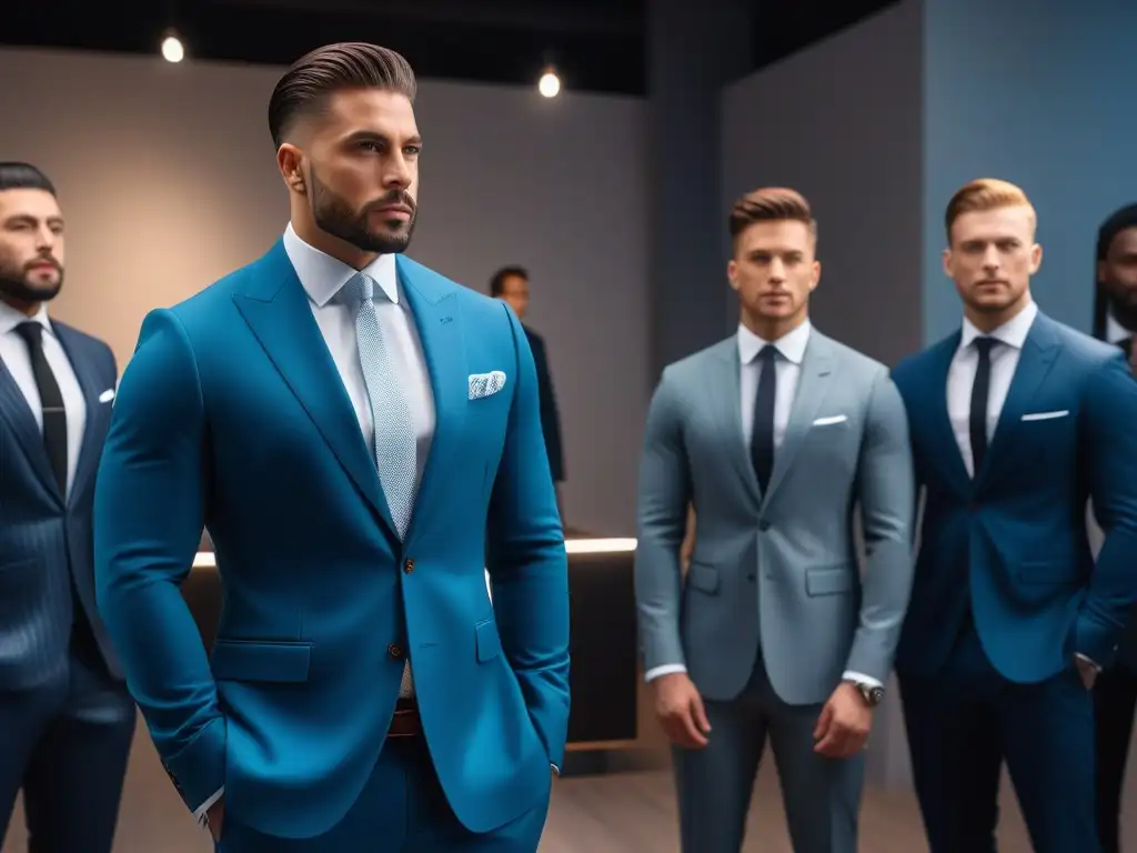 Trajes a medida para todos: diversidad y elegancia en showroom moderno Un grupo diverso de personas vistiendo trajes a medida para todos, exhibiendo elegancia y estilo en un showroom moderno y elegante