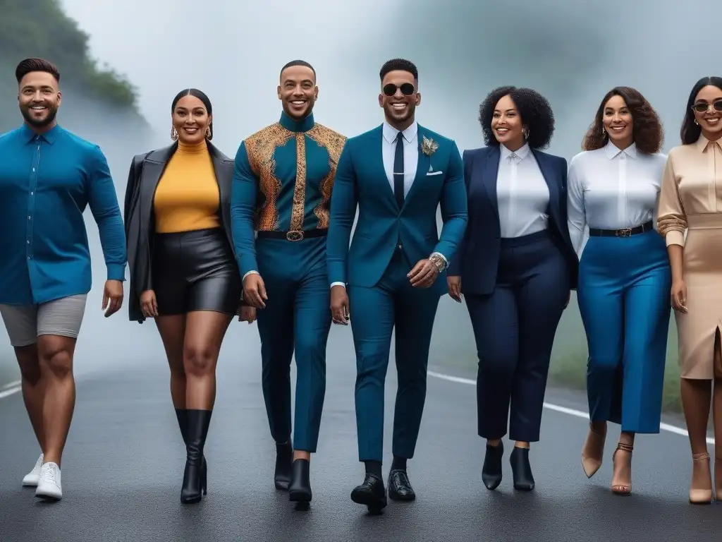 Moda inclusiva para cuerpos trans: diversidad y empoderamiento Un grupo diverso de personas trans sonrientes y seguras, vistiendo ropa adaptada a sus cuerpos, en un ambiente moderno y minimalista