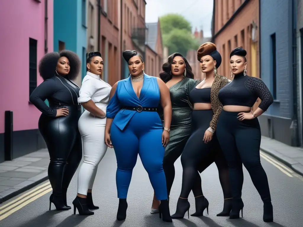 Moda inclusiva: Plussize transgénero empoderados en la ciudad Grupo diverso de personas transgénero de talla grande, con moda inclusiva para cuerpos transgénero, exudan confianza en ambiente urbano
