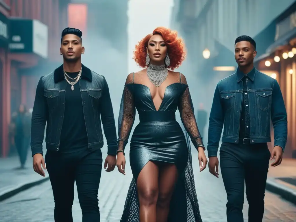 Transexuales con estilo: diversidad y moda en la ciudad Un grupo diverso de personas transgénero elegantes y seguras caminan por la ciudad, mostrando diversos estilos de moda y expresiones de identidad