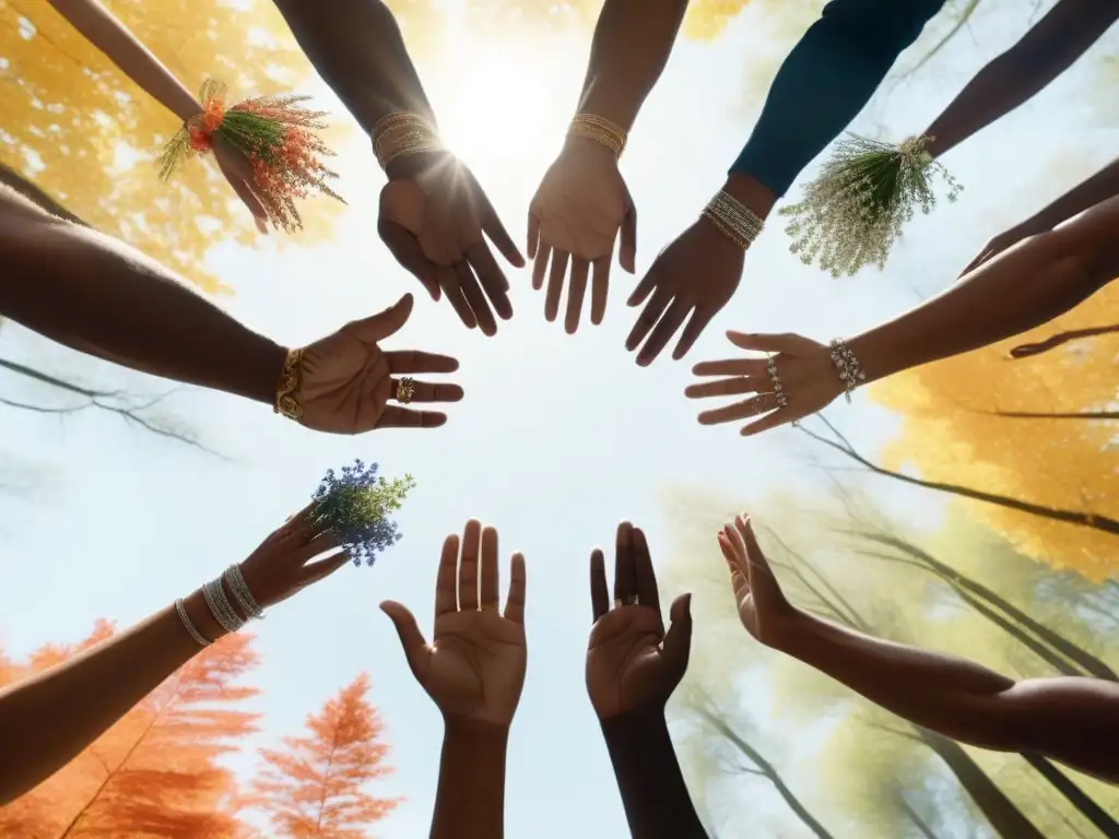 Circle of Unity: Celebrando la diversidad con armonía Un grupo diverso de personas unidas en círculo, con elementos naturales y luz suave, representando la belleza holística y la diversidad de cuerpos