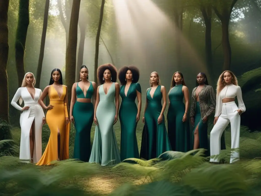 Moda sostenible: diversidad y elegancia en el bosque Un grupo diverso de personas vestidas elegantemente en moda sostenible para todos cuerpos, en un bosque verde y sereno