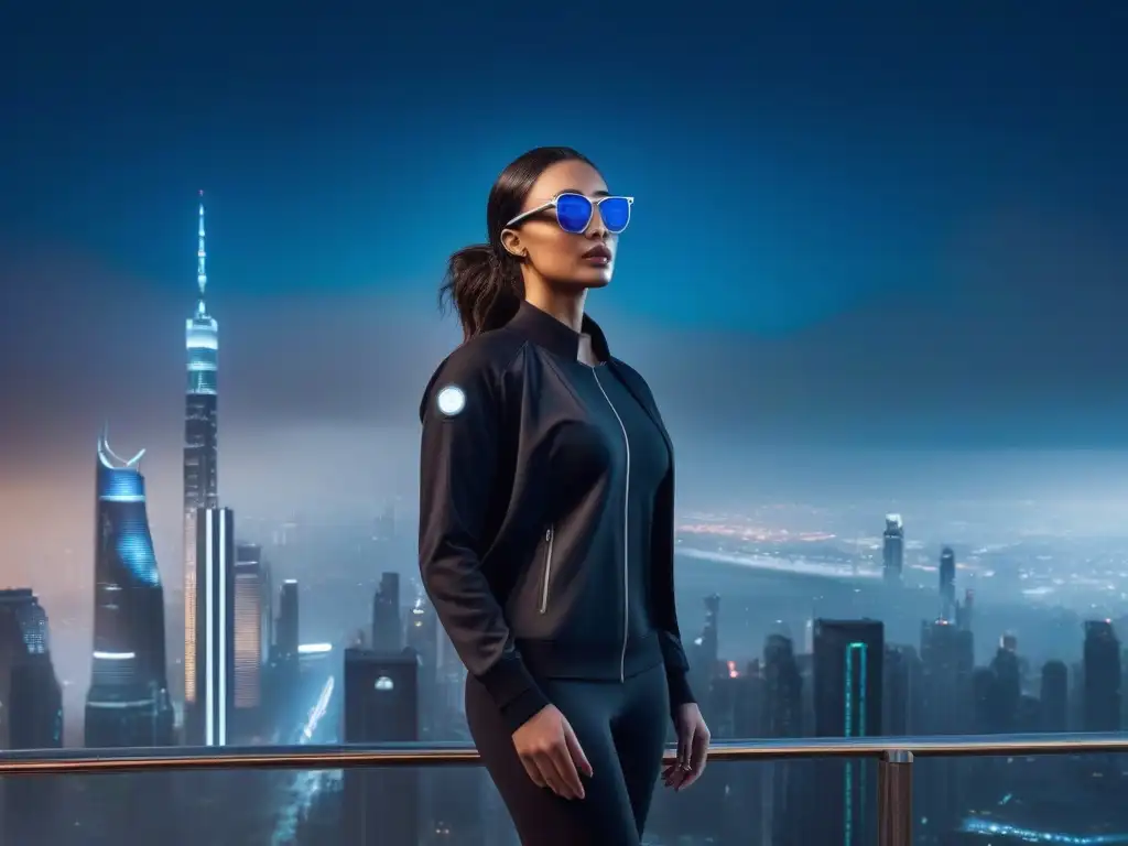Estilo futurista: wearables premium para todos Un grupo diverso de personas luce orgullosamente wearables premium para todos cuerpos en una ciudad futurista