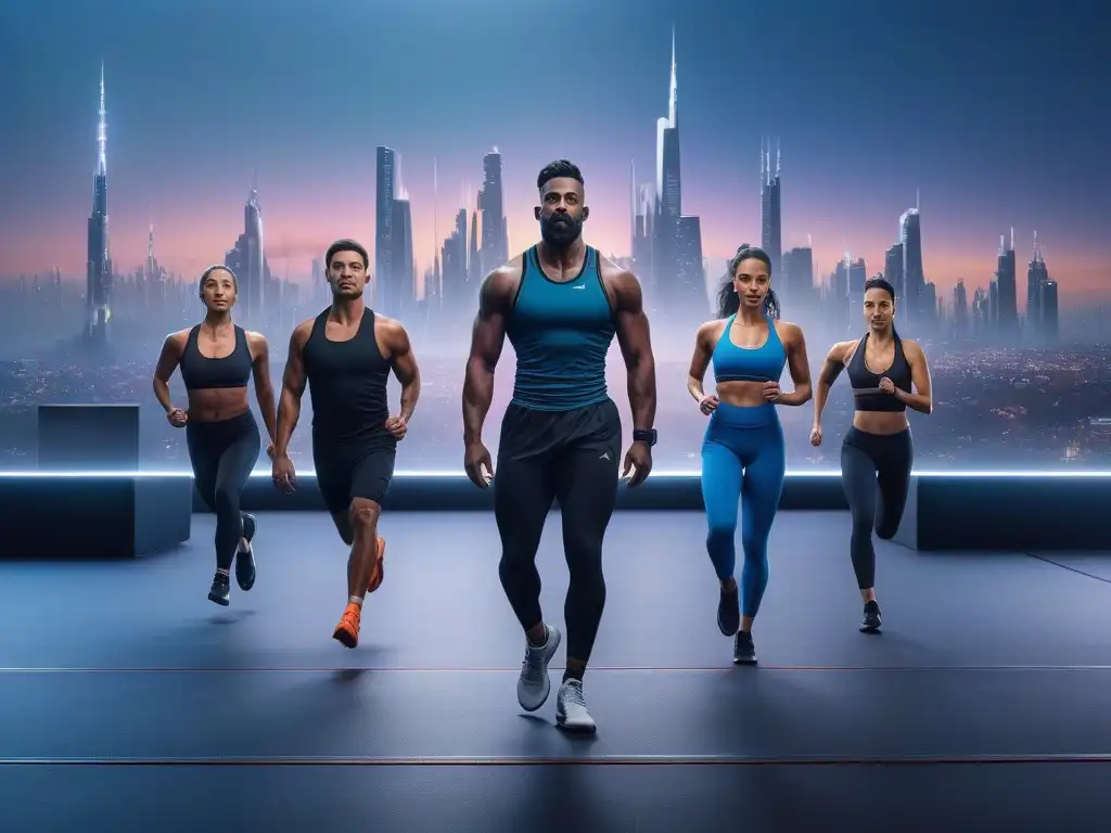 Vitalidad urbana: diversidad en actividad física y bienestar Un grupo diverso de personas practica yoga, pesas, running y ciclismo con determinación, rodeados de una ciudad futurista vibrante y llena de energía