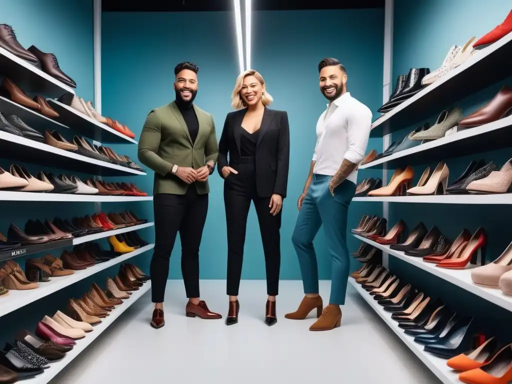 Explorando estilos de zapatos en una tienda inclusiva y moderna Un grupo diverso de personas prueba zapatos en una tienda inclusiva y moderna