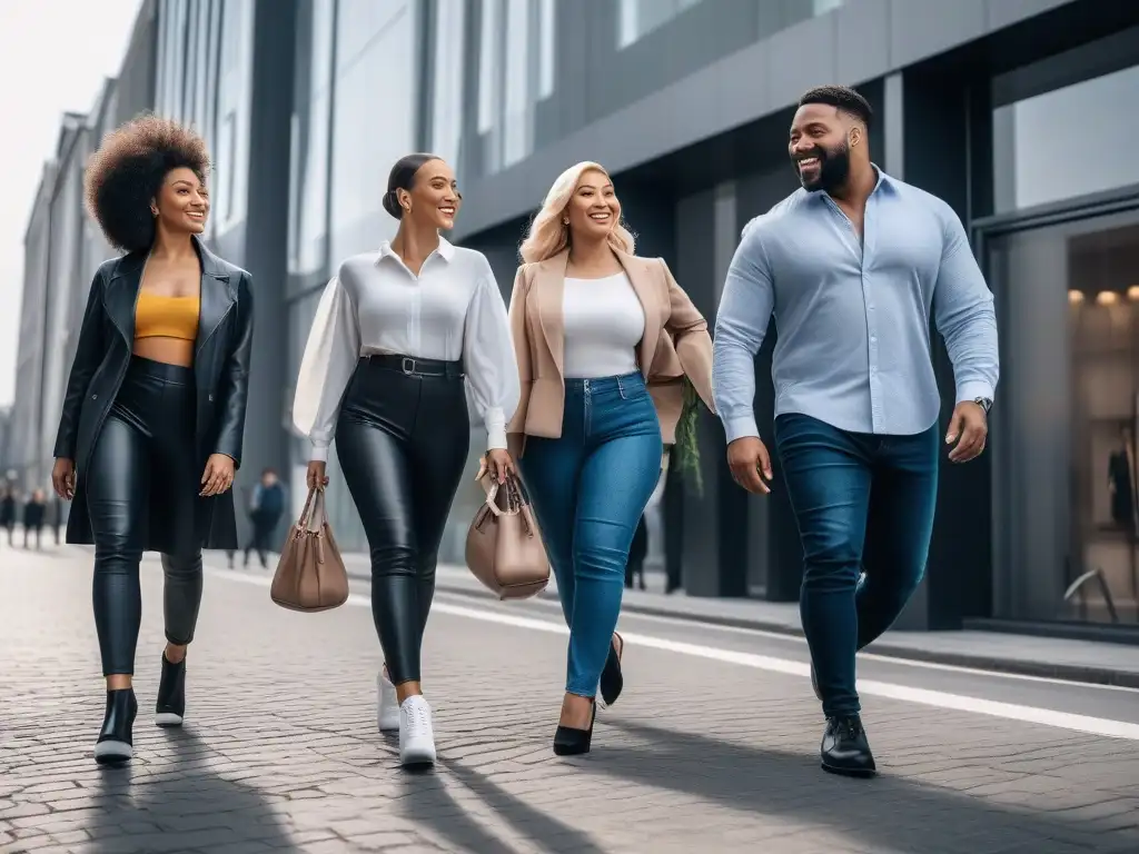 Zapatos adaptativos: diversidad y estilo en la ciudad Un grupo diverso de personas camina sonriendo con zapatos adaptativos para todos cuerpos en la ciudad