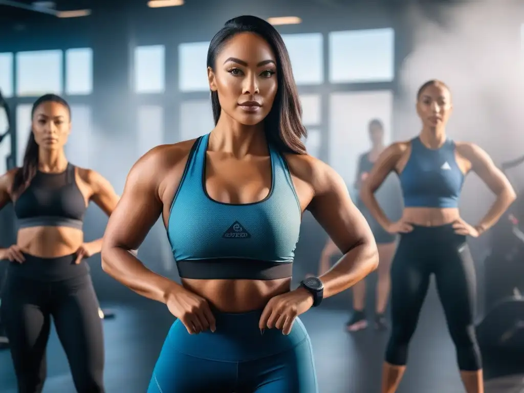 Empoderamiento y diversidad en activewear para ejercicio Un grupo diverso practica yoga, corre y levanta pesas con ropa deportiva inclusiva para todos en un gimnasio moderno