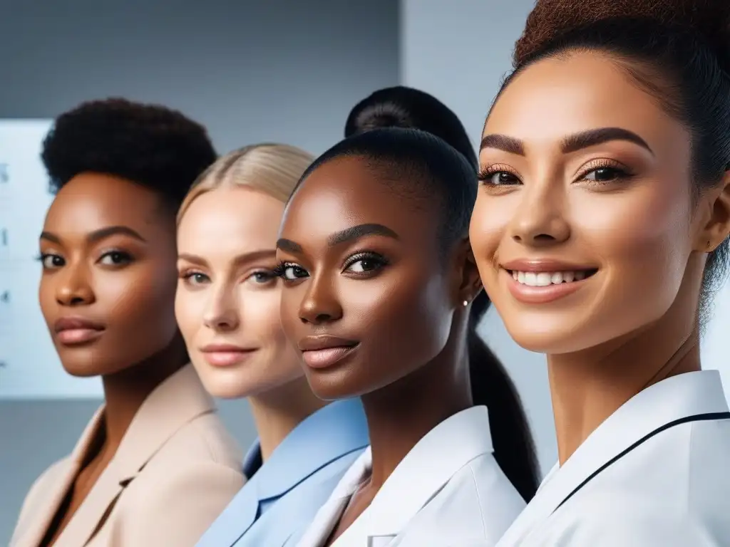 Diversidad radiante: skincare inclusivo en clínica moderna Un grupo diverso, con piel radiante, muestra tratamientos hiperpigmentación en clínica moderna