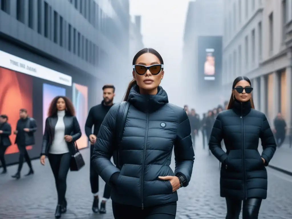 Moda tecnológica inclusiva: premium wearables en la ciudad Un grupo diverso lleva wearables premium en una calle urbana futurista