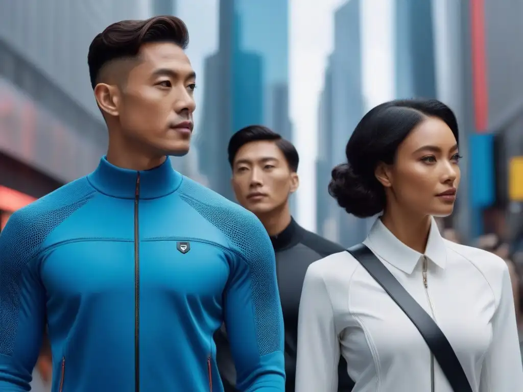 Diversidad tecnológica en ciudad futurista Un grupo diverso con wearables premium en una ciudad futurista