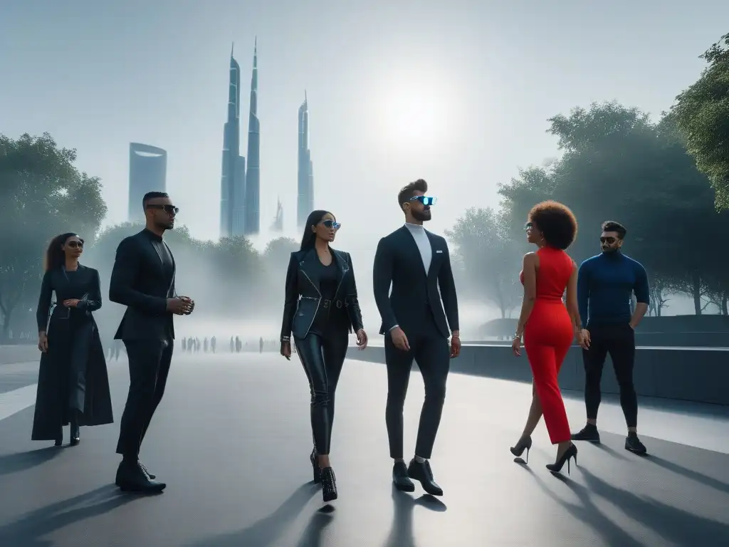 Moda y tecnología inclusiva en entorno futurista Grupo diverso con wearables premium en entorno urbano futurista