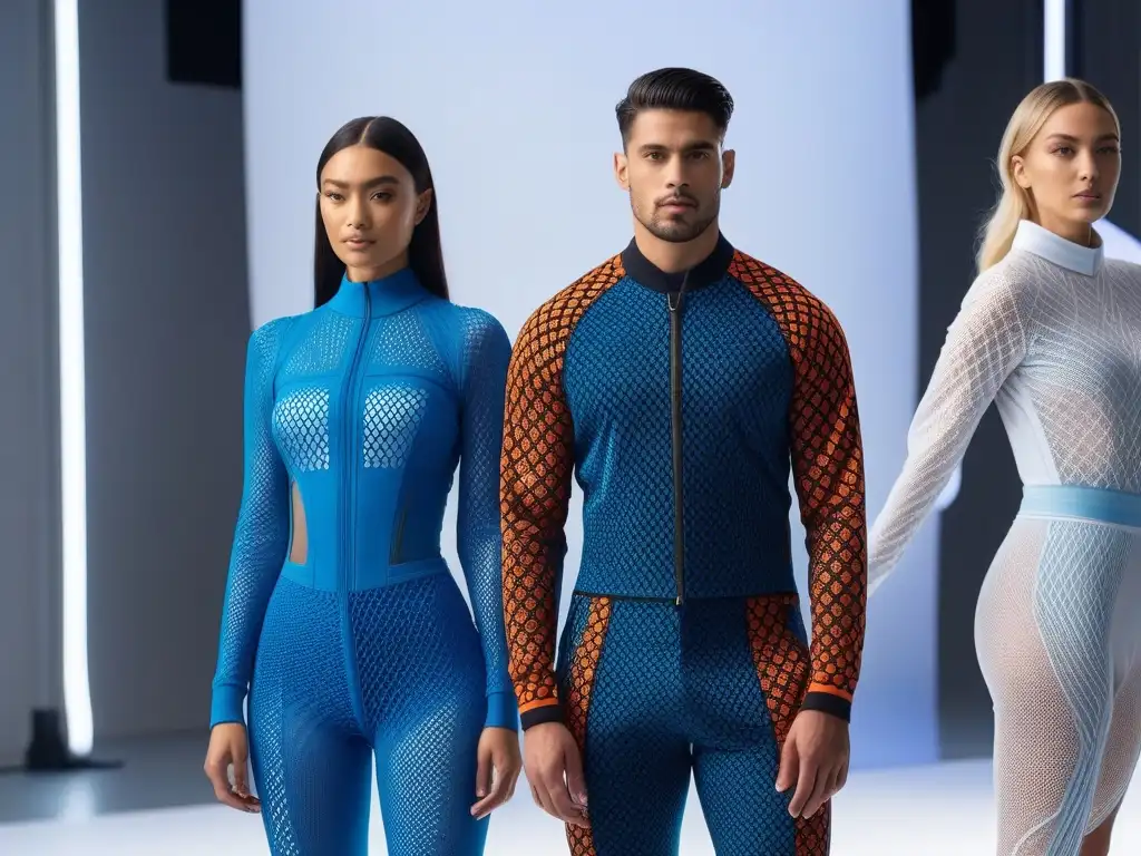 Moda 3D: Ropa personalizada para todos Un grupo diverso con prendas 3D personalizadas en un entorno futurista