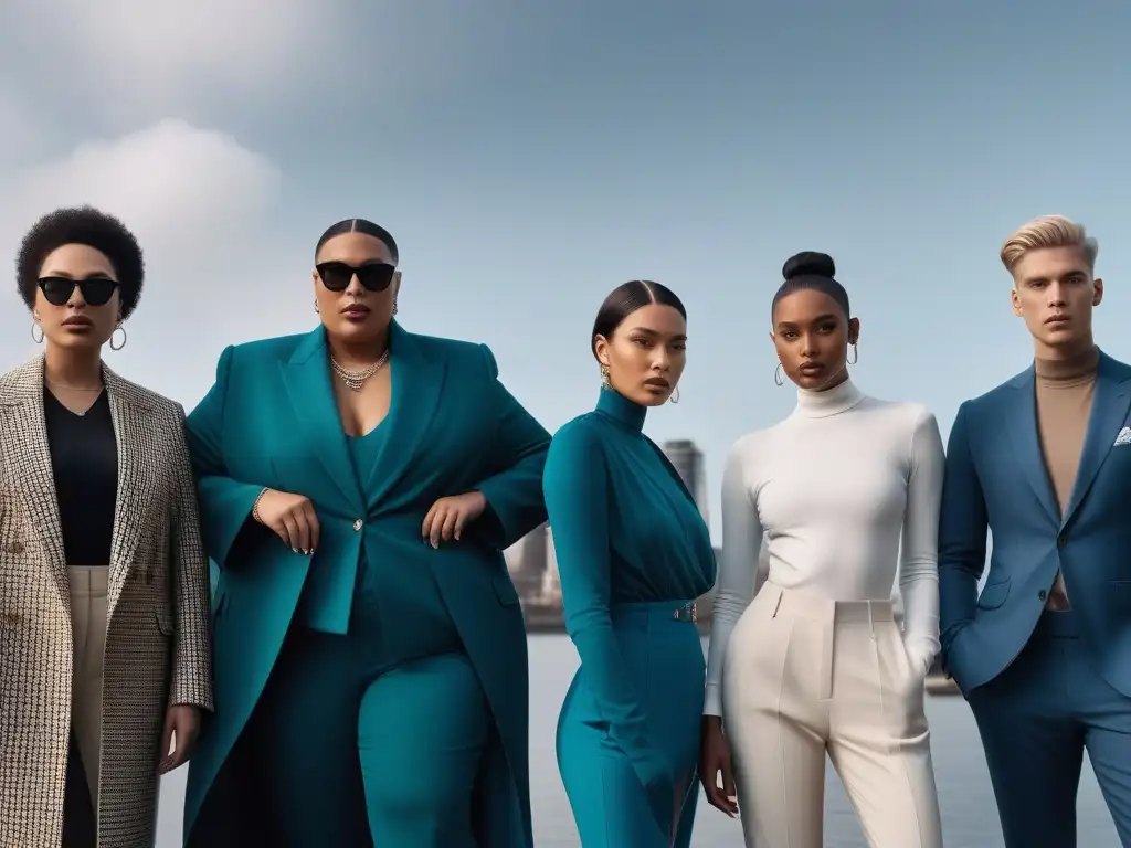 Moda sin género: diversidad y estilo Un grupo diverso muestra prendas genderless para todos cuerpos en un ambiente moderno y elegante, transmitiendo inclusividad y estilo