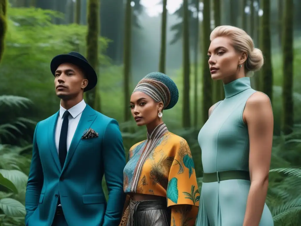 Moda sostenible: diversidad en outfits ecofriendly Un grupo diverso con prendas ecofriendly frente a un bosque verde exuberante
