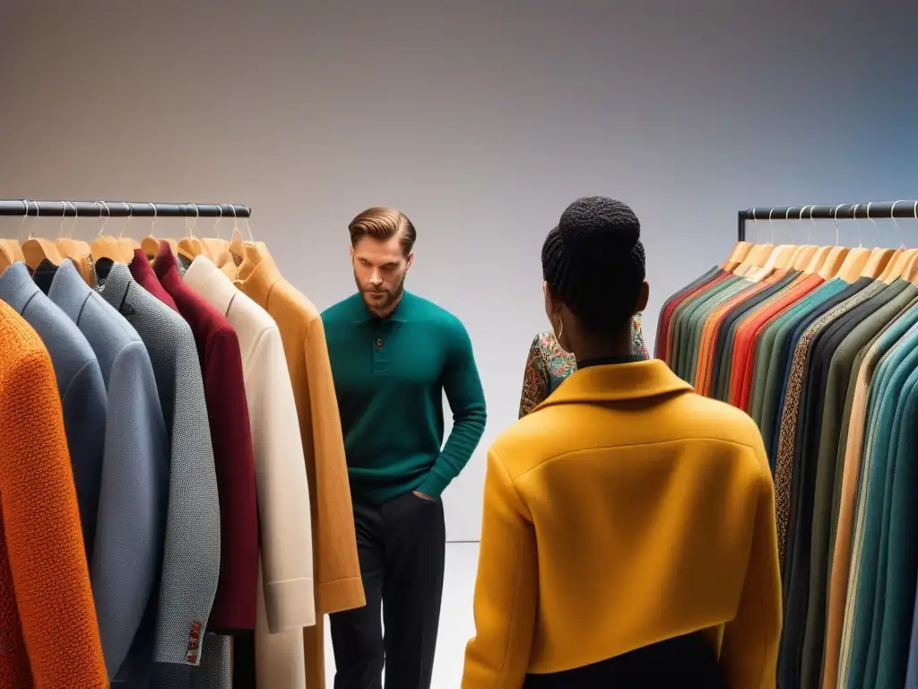 Explorando moda sostenible: diversidad y calidad en boutique eco-friendly Un grupo diverso examina prendas sostenibles en una boutique moderna, expresando admiración y determinación