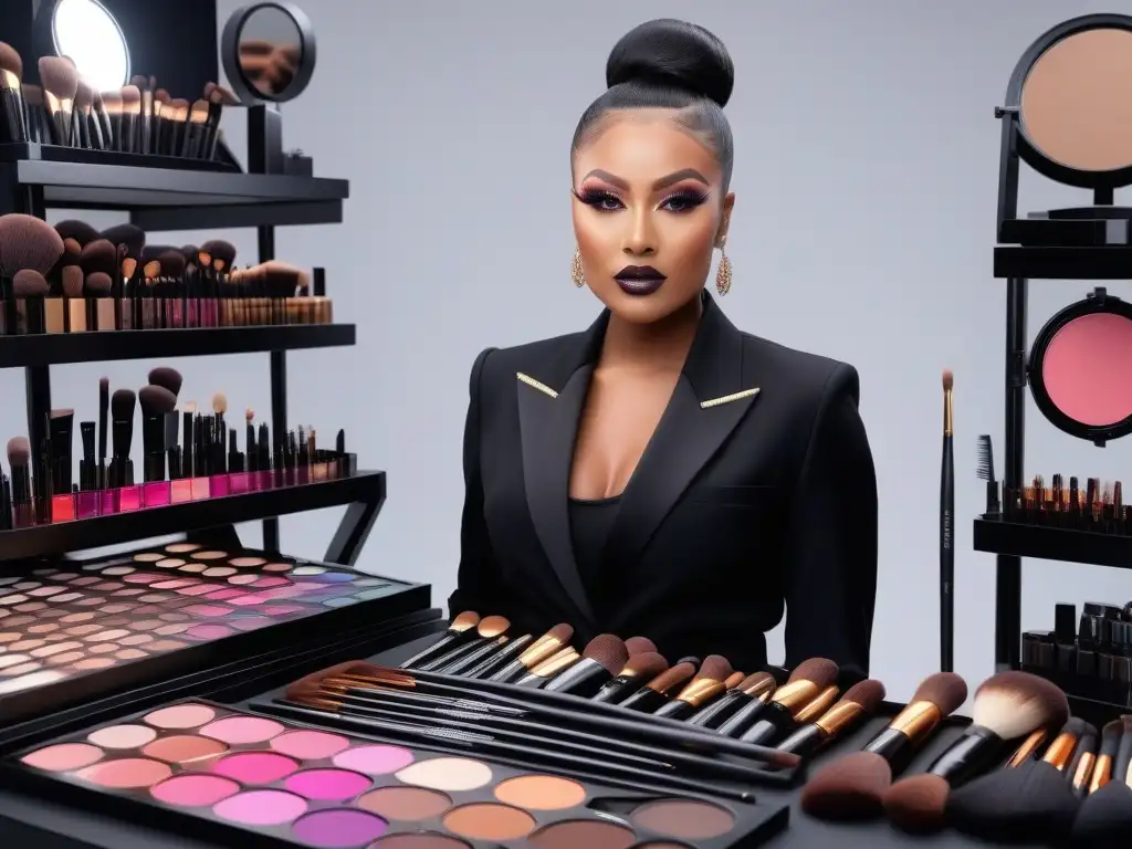 Maquilladores novatos empoderados en estudio inclusivo Un grupo diverso de principiantes en maquillaje usa brochas profesionales en un estudio moderno lleno de productos coloridos