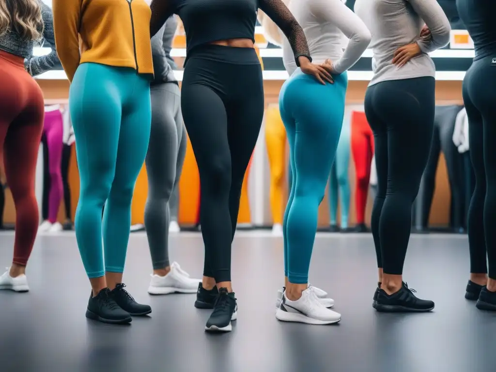 Experiencia de compra inclusiva de leggings y mallas en boutique de moda Un grupo diverso disfruta probándose leggings y medias en una boutique chic