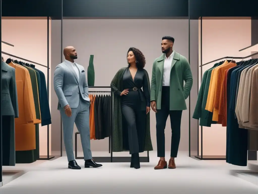 Tienda de moda inclusiva: diversidad y alegría en probadores modernos Grupo diverso disfruta probándose ropa inclusiva en boutique moderna
