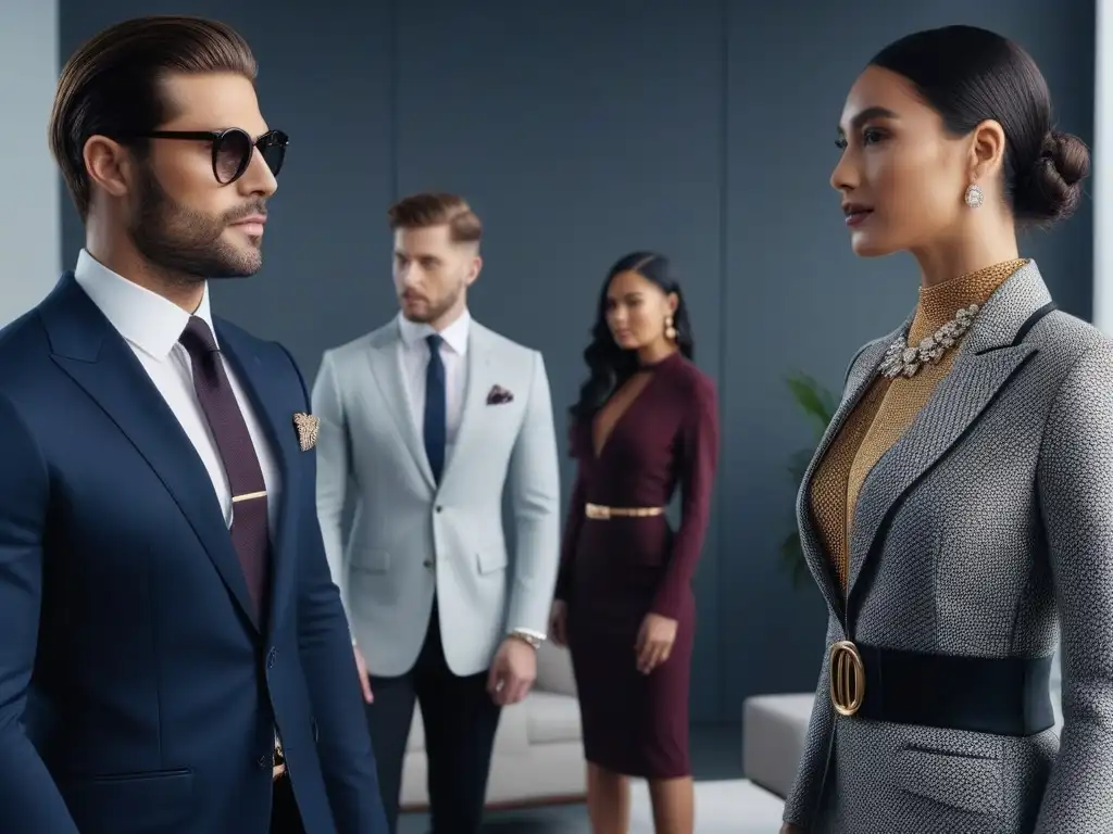 Profesionales elegantes en oficina moderna: moda de lujo inclusiva Un grupo diverso de profesionales elegantes en un ambiente de oficina moderno y estilizado, irradiando confianza e inclusividad