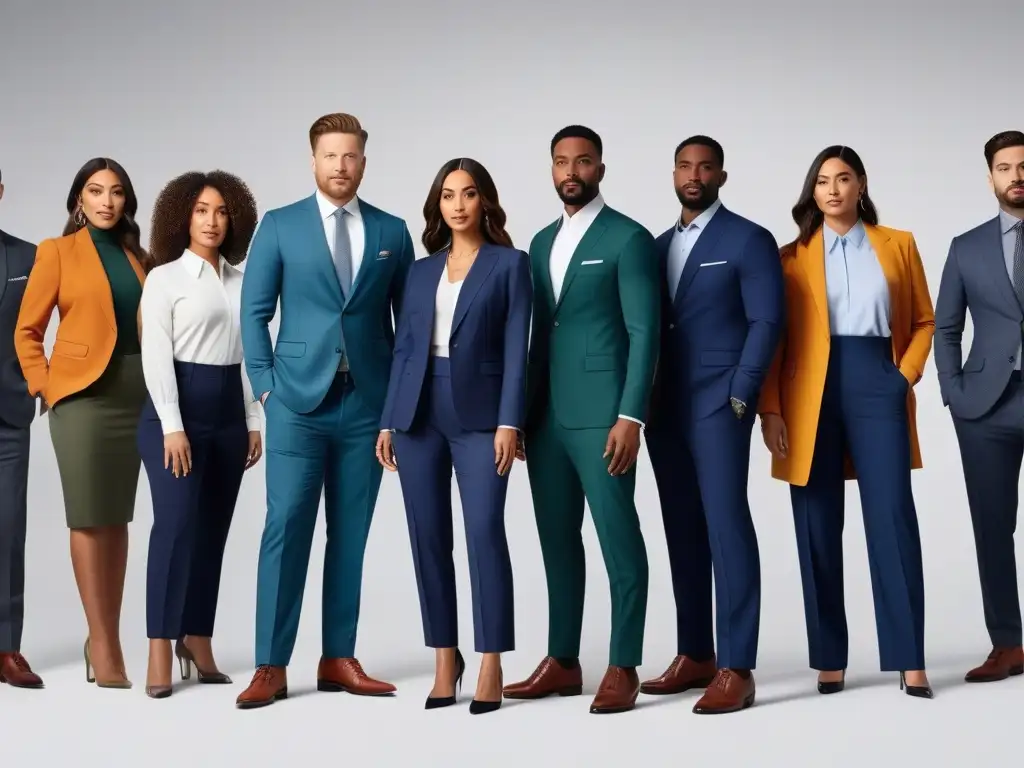 Profesionales diversos en moda sostenible y elegante Un grupo diverso de profesionales en un entorno de oficina moderno, luciendo ropa de trabajo sostenible y elegante